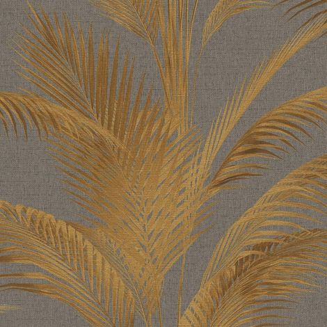Papier peint feuille palmier doré et fond gris, salon, chambre, salon, 399804 (1/4)