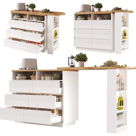 Îlot de Cuisine Extensible 137-215×39×102.3cm,Buffet Cuisine Avec 6 Tiroirs,Roulettes Verrouillables,Table de Bar,Blanc (1/5)