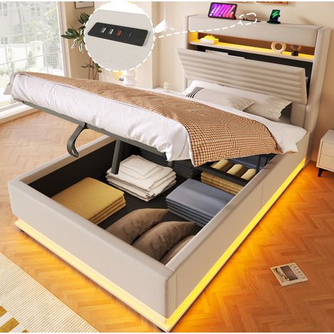 Cama tapizada 90x200 con almacenaje LED y USB OKMYHOME (1/5)
