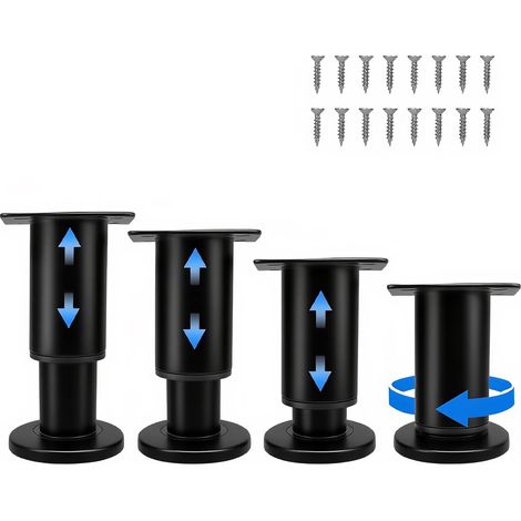 Höhenverstellbare Möbelfüße 8–12 cm, schwarze Metallbettfüße Set mit 4 Füßen inklusive Schrauben, höhenverstellbar, rutschfeste Pads für Betten und Sofas (1/5)