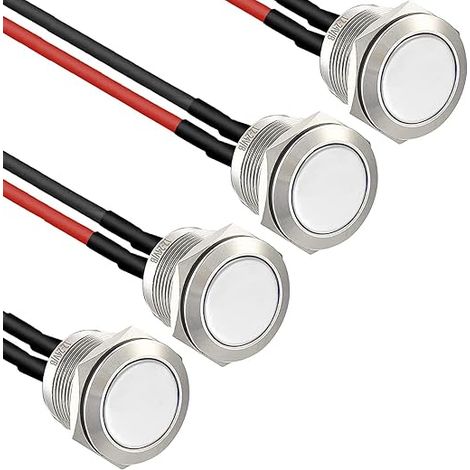 BRAVIX 4× 16mm Momentané Bouton-Poussoir Étanche en Acier Inoxydable Bouton-Poussoir, boutons de sonnette 12V 2A 250V， pour voiture, PC, lampe de table（ Ronds） (Tête plane)（précâblé）