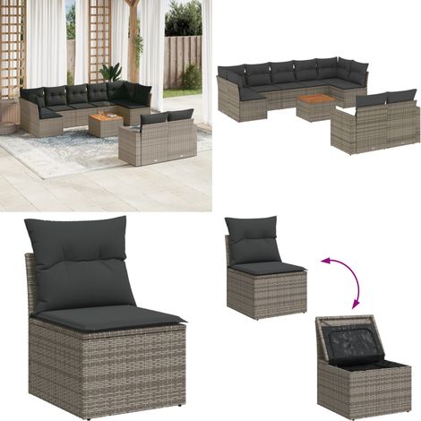10-tlg. Garten-Sofagarnitur mit Kissen Grau Poly Rattan - Gartenmöbel Set - Lounge Möbel - Outdoor Möbel - Rattan Gartenmöbel - Wetterfeste Gartenmöbel - Home & Living (1/5)