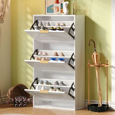 Meuble à chaussures 60x24x114 cm en MDF blanc, gain de place pour entrée et couloir FloraGrace (1/5)