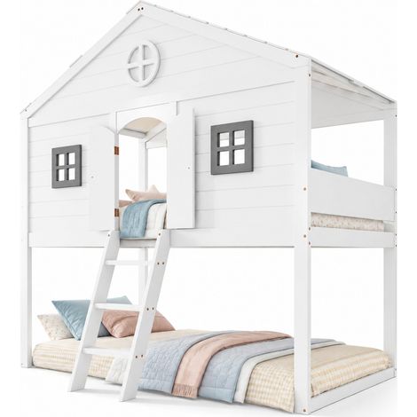 Lit mezzanine maison avec escalier, garde-corps sur 4 côtés, deux fenêtres grises et espace libre sous le lit, 90x200 cm, blanc et gris - CHICFURN (1/5)
