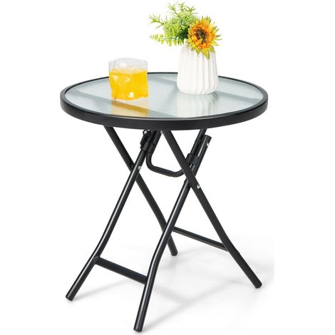 Patio Folding 18” Glass Side Table Portable Round Bistro Coffee Table (1/5)