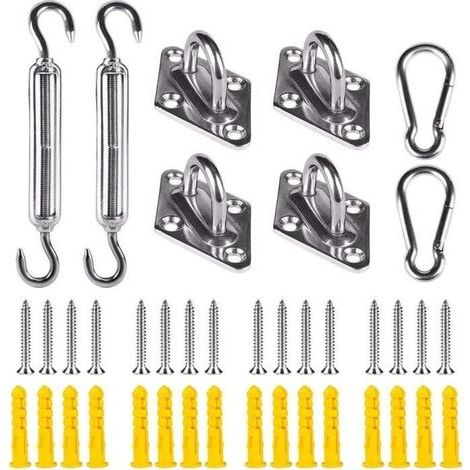 Shade sail mounting kit for installing square and rectangular sails on patios, lawns, and decks.