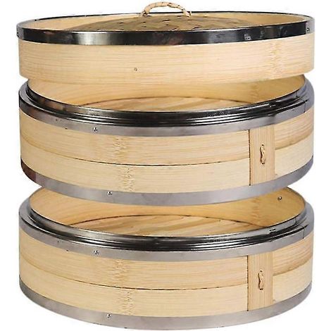 Cuiseur vapeur de cuisine à 2 niveaux en bambou avec double cerclage en acier inoxydable pour la cuisson de brioches et raviolis asiatiques (1/5)