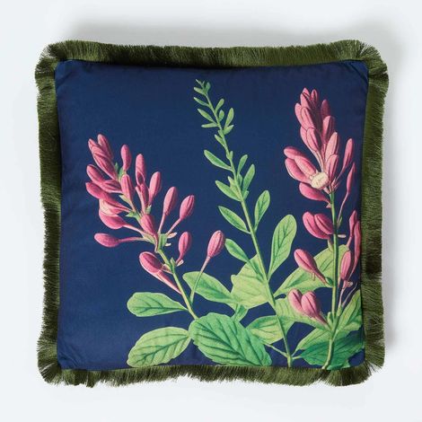 HOMESCAPES Cotton Blue Floral Fringe Cushion, 45 x 45cm (1/5)
