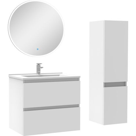 Ensemble meubles Salle de Bain 60cm vasque + colonne + miroir rond lumineux Blanc