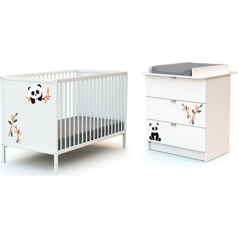 Lit bébé 60x120 avec commode 3 tiroirs et plan à langer – Panneaux de particules mélaminés – Sommier réglable en 3 hauteurs – Dimensions 124x64,5x82 cm – Webaby