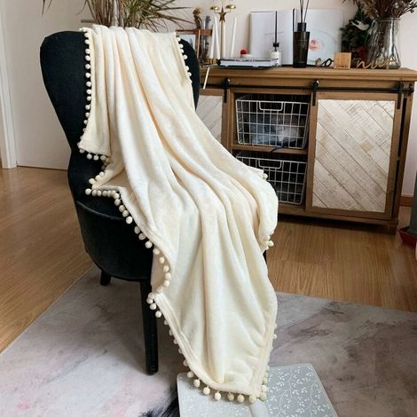 Flannel Blanket with Pom Pom, Soft Blanket, Comfortable Bedspread, Soft Sofa Bed Blanket, Suitable for All Seasons (Ivory, 150 x 200 cm) (1/4)