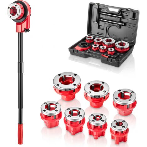 Mophorn Kit de roscado manual para tuberías con trinquete, juego de terrajas con 7 tamaños BSPT, incluye mango y maletín portátil para instalación y reparación de tuberías (1/5)