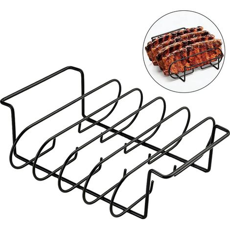 Soporte para costillas de barbacoa, fabricado en acero inoxidable, con capacidad para 5 costillas, apto para barbacoas de gas y carbón. (1/5)