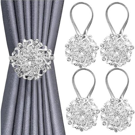 Attaches-rideaux magnétiques scintillantes, lot de 4, clips décoratifs cristal pour rideaux, crochets à rideaux avec ressort en acier inoxydable, sans perçage, pour maison hôtel bureau (Argent) (1/4)