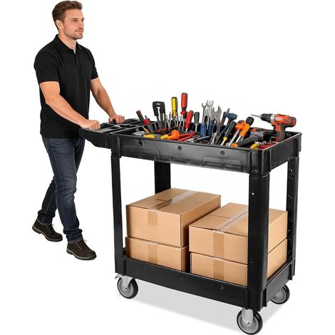 Heavy Duty Utility Cart on Lockable Wheels, 2 Tier Capacity Wheeled Cart, Multi-function Trolley with Handle, Storage Organizer, Mobile Tool Cart for (1/5)