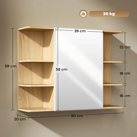 Miroir de salle de bain avec deux étagères et six compartiments ouverts, 80x20x59cm, en bois. (1/5)