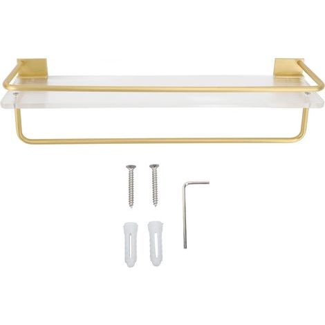 Étagère murale de salle de bain en aluminium et acrylique antirouille, sans perçage, fixation murale flottante, 40 cm, couleur or (1/5)
