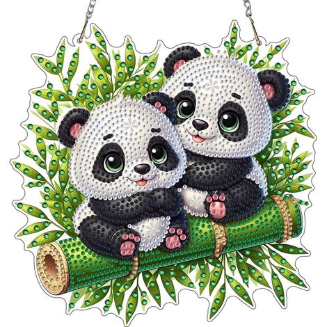 Diamant Painting Anhänger mit Kette, Panda Motiv, Fensterbild, Wanddeko, 20x20cm (1/4)