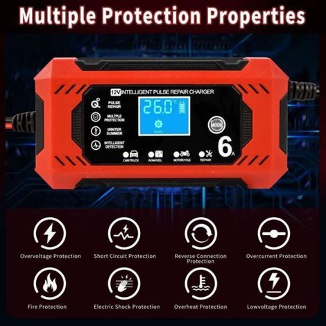 Chargeur batterie intelligent - Écran LCD Mode moto - Entretien batterie auto moto - 12V 6A (1/5)
