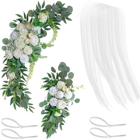 Hochzeitsbogen mit Pfingstrosengirlande (2er-Set), durchsichtigem weißen Vorhang, künstlichen Rosen, Blumenarrangement für Hochzeitsbogen und Zeremoniendekoration. (1/2)