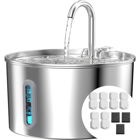 Fontaine a Eau Chat Acier Inoxydable: Fontaine à Eau pour Chat de 2,2 l - Silencieuse Distributeur Animal de Compagnie + 6 Filtres + 3 éponges pour Petits Chien et Animaux (1/5)