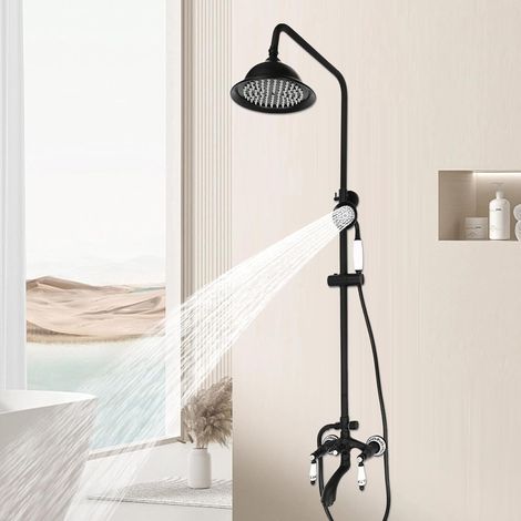 Système de douche noir rétro - Douche à effet pluie - Style antique - Ensemble complet - Douche à effet pluie avec robinetterie - Système de douche vintage avec douchette à main (1/5)