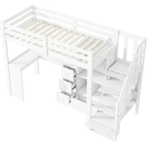 Cama alta infantil 90x200 cm blanca con escritorio, almacenaje, cajón y escalera HOMVRA (1/5)