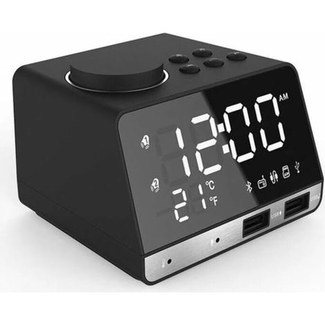 LED double réveil miroir horloge Radio enceinte pour salle de bain basse sans fil bluetooth + port USB + FM Noir noir