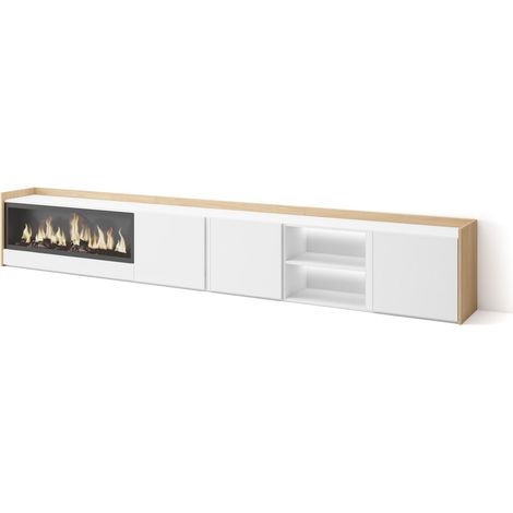 Skraut Home - Mueble TV, Televisión, Muebles de salón, almacenaje, 315x35x50cm, Para TV hasta 80", Chimenea eléctrica XXL, LED, Estilo Moderno, Blanco y roble soft (1/5)