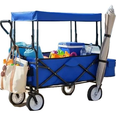 Chariot pliant, cadre en acier robuste, auvent amovible, bleu (1/2)