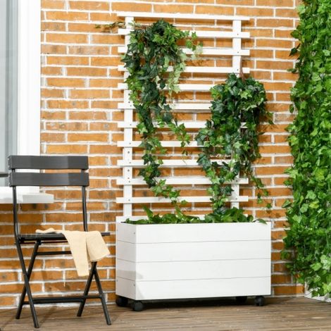 Bac à plantes sur roulettes avec treillis en bois blanc 76 x 30 x 155 cm