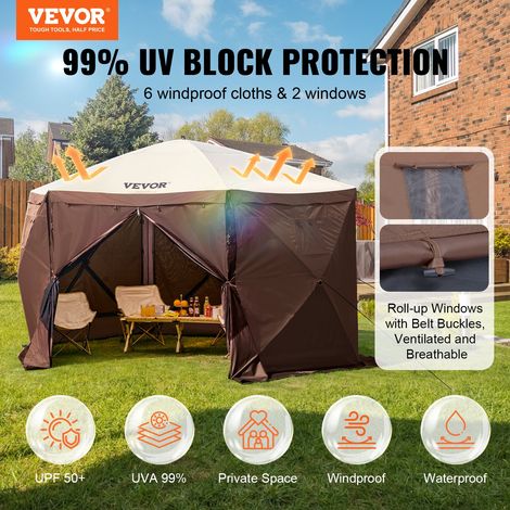 Tonnelle pop-up, 3,51x3,51 m, tente à moustiquaire escamotable polygone à 6 côtés, abri solaire à réglage rapide avec 6 toiles coupe-vent amovibles, fenêtres en maille, sac de transport, marron (1/5)