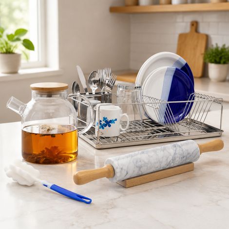 Set da cucina “Baking & Tea” (3 pezzi) – Mattarello in marmo, scolapiatti XL e teiera in vetro (1/5)