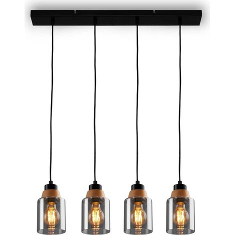 Suspension à 4 pistons, verre fumé, plafonnier, lampe, lampe de salon, abat-jour en verre fumé, suspension, lustre, lampe de chambre, bois noir (1/5)