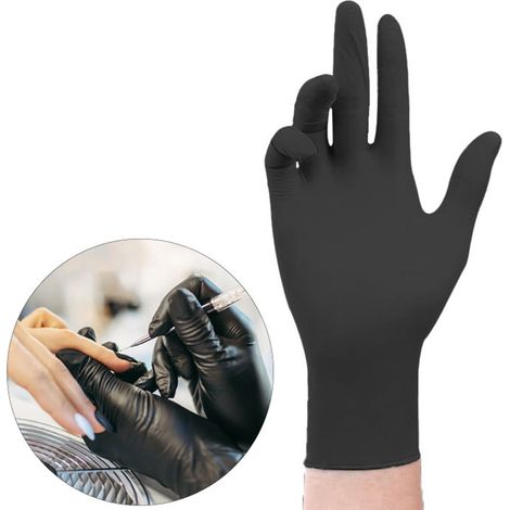 Packung mit 100 hochelastischen und dicken Nitrilhandschuhen für Inspektions- und Untersuchungszwecke, Handschutz, mittlere Größe, schwarz. (1/5)