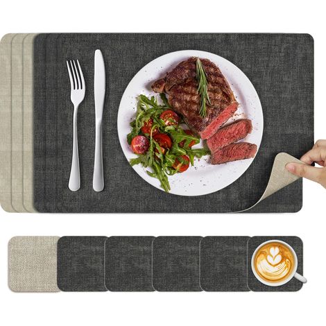 Set de Table Lavable et Dessous de Verre, Sets de Table Dessous Double Face Résistant à la Chaleur et Antidérapant (Gris Beige,6 Set) 43x30cm (1/5)