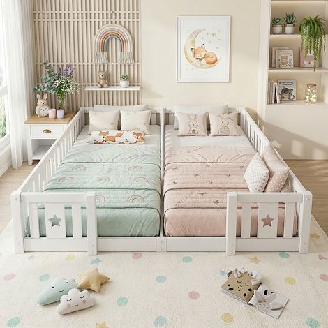 Kinderbett 180x200 cm mit Rausfallschutz und Lattenrost, massives Kiefernholz, Montessori-Bodenbett, Einzelbett - Weiß