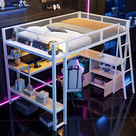 Lits mezzanine gaming en métal, dotés d'un espace de travail intégré, d'un système d'éclairage LED et de vastes espaces de rangement (1/5)
