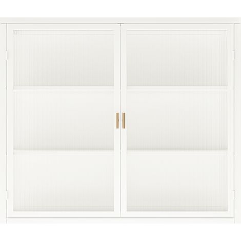 Vitrine 70cm meuble de rangement à trois niveaux deux portes en verre clair finition blanche fixation murale style moderne (1/3)