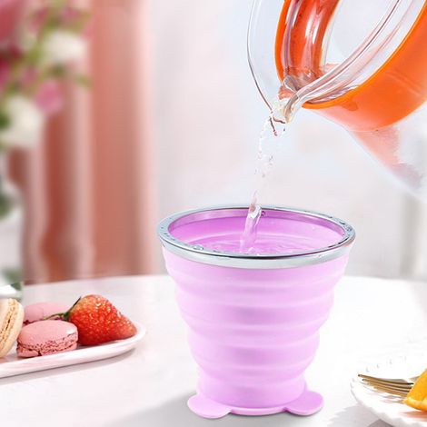 Gobelet pliable en silicone, ultra-fin et pliable, avec dragonne, idéal pour le camping et la randonnée (violet, 270 ml). (1/5)