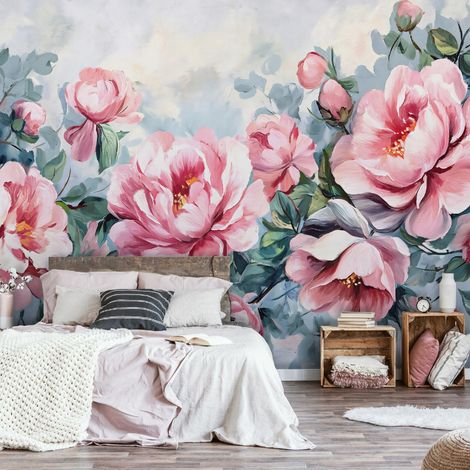 Vlies Fototapete Rosen Pfingstrosen 150x105 cm, Tapeten, für Wohn und Schlafzimmer, Vliestapete Wandtapete Tapete 3D Effekt- inkl. Kleister - Blumen Vintage Aquarell, WallArena (1/4)