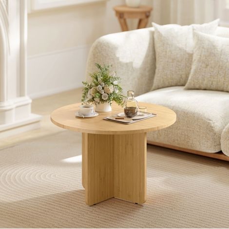 Table basse ronde en bambou pour salon, pieds croisés, finition naturelle (1/4)
