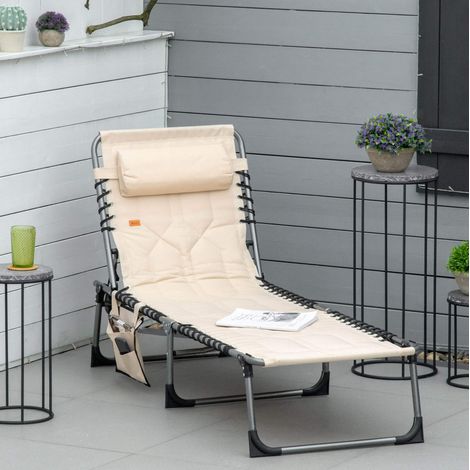 Tumbona de exterior plegable de poliéster beige con estructura de acero, respaldo ajustable en 5 posiciones y bolsillo lateral (1/5)