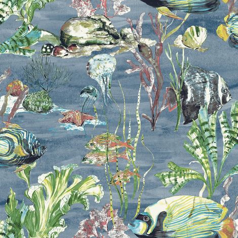 Aquarium Blue Wallpaper Grandeco Watercolour Fish Jellyfish Sea Life Creatures (1/4)