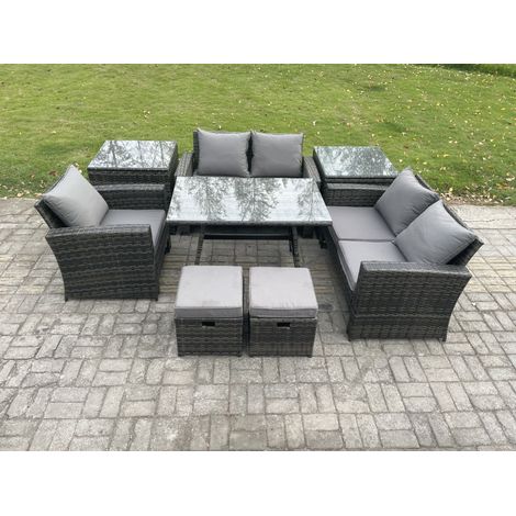Fimous Garden Dining Set Wicker PE Rattan Outdoor Furniture Sofa with Rectangular Dining Table Double Seat Sofa 2 Side Tables 2 Small Footstools Dark Grey Mixed (1/5)