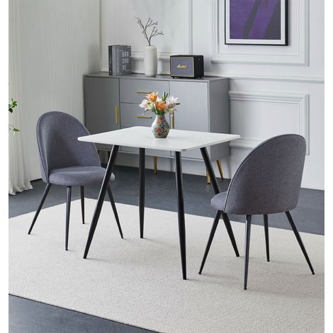 Hallowood Furniture Cullompton Small Round Dining Table and 2 Chairs Set, 2 Seater Table and Chairs in White Marble Effect Top and Curved Back Grey Fabric Seats, DIning Set for Home or Café (1/5)