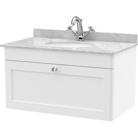 Swynnerton Traditional 1 Drawer Wall Hung Vanity Unit with Marble Basin, Satin White, 800mm