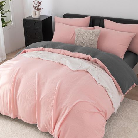 Doppel-Musselin Bettwäsche 155x220 cm Rosa Grau 100% Baumwolle 3-teilig
