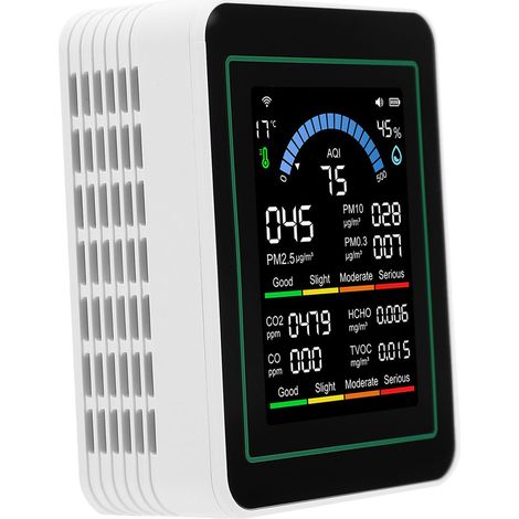 Détecteur de qualité de l'air connecté Tuya WiFi 10 en 1 : CO2 CO TVOC HCHO PM2,5 PM10 PM0,3 indice IQA température humidité portable intérieur blanc (1/5)