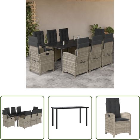 vidaXL Gartenessgruppe - 9-tlg. Garten-Essgruppe mit Kissen Hellgrau Poly Rattan (1/5)